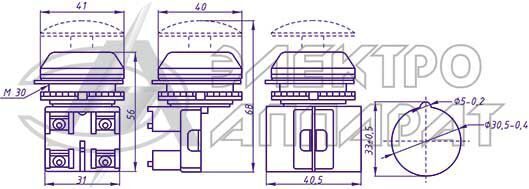 Рисунок 1 - Общий вид габаритные размеры кнопочных выключателей ВК 30 и размеры установочного отверстия в панели
