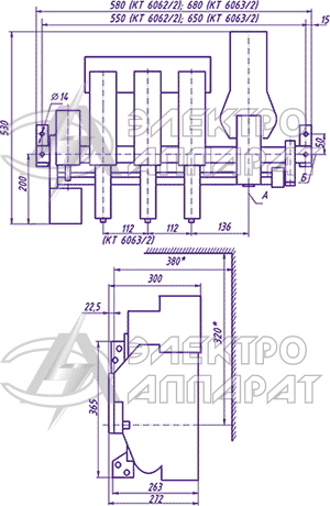 Рисунок 1 - Габаритные и установочные размеры контакторов типа КТ 6062/2, КТ 6063/2